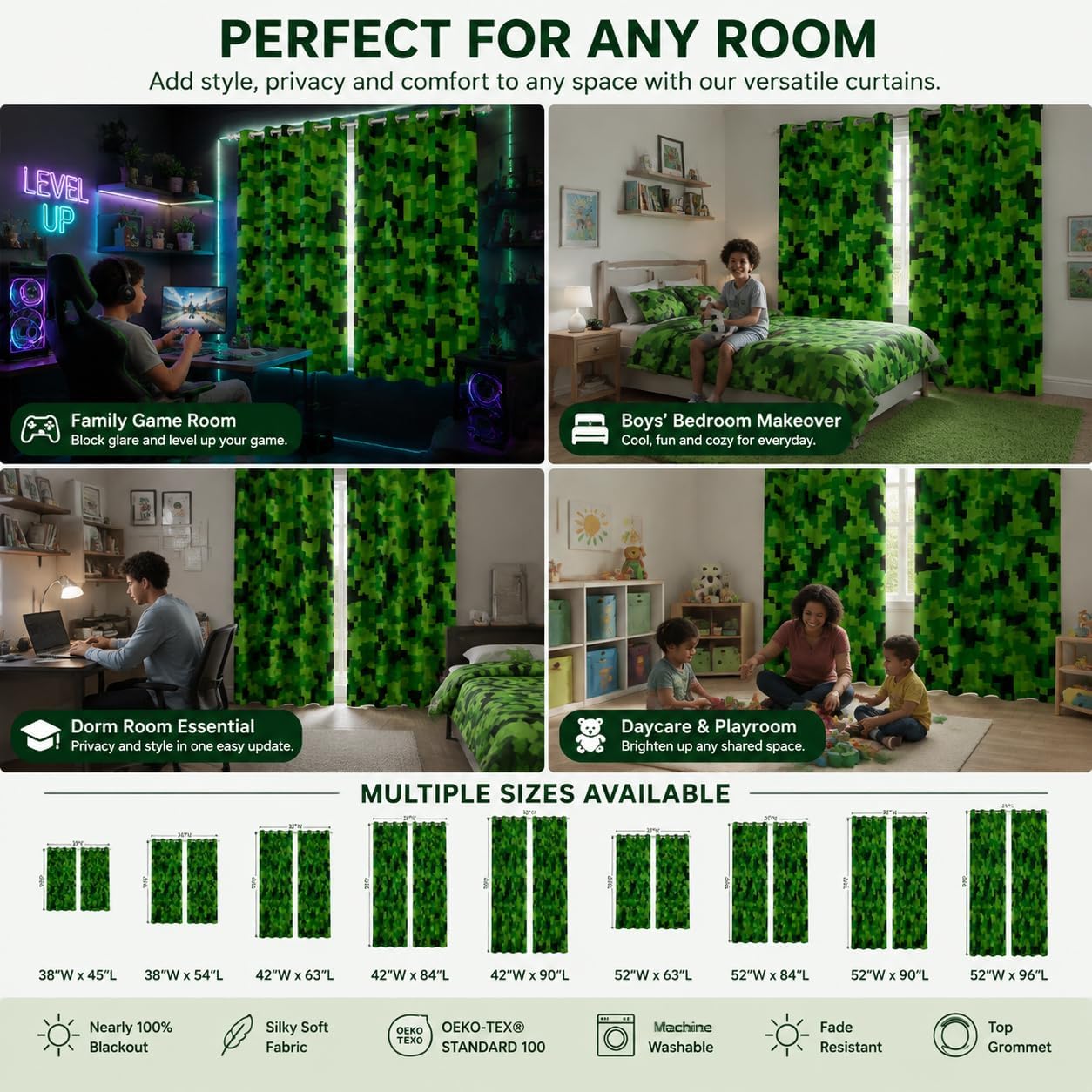 Green Pixelated Miners Curtains for Boys Kid Teens Bedroom Decor,Video Games Window Curtain,Cartoon Gamepad Blackout Window Treatment Curtain Modern Geometric Check Window Drapes,2 Panels,42Wx90L