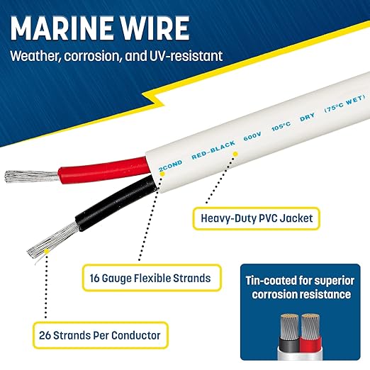 GS Power 200 Ft Duplex Marine Wire, 16 Gauge Wire, Oxygen-Free Tinned Copper 16 - Image 2