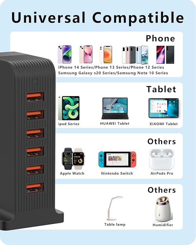 VPSUN USB Charger 6 Port 50W Multi USB Tower Charging Station - Image 4