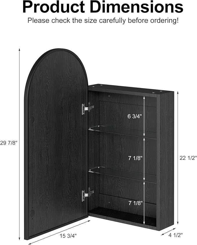 Arched Medicine Cabinet with Mirror, Brushed Black Wall Mounted Bathroom Mirror - Image 2