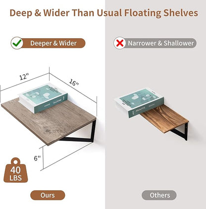 Axeman Deep Floating Shelves for Wall, 12 Inch Deep Floating Shelves Set of 2 - Image 3