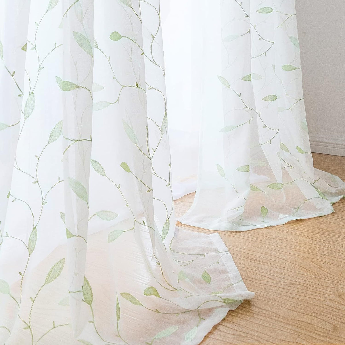 Embroidered Sheer Curtains Floral Leaf White Sheer Curtain for Bedroom Living Room Kitchen Rustic Voile Drapes Privacy Window Treatment Set of 2 Panels 96 Inches Long Grommet Top Green on White
