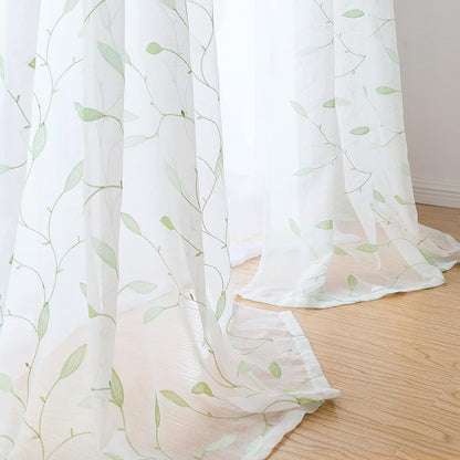 Embroidered Sheer Curtains Floral Leaf White Sheer Curtain for Bedroom Living Room Kitchen Rustic Voile Drapes Privacy Window Treatment Set of 2 Panels 96 Inches Long Grommet Top Green on White