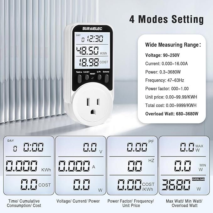 Suraielec Watt Meter, Plug-in Socket Power Meter, 90V-250V Wide Range, Backlit - Image 3