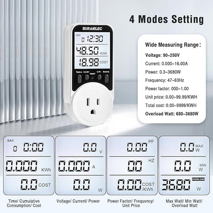 Suraielec Watt Meter, Plug-in Socket Power Meter, 90V-250V Wide Range, Backlit - Image 3