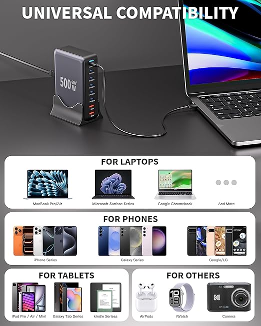 500W USB C Charger Block, GaN3 Charging Station 8-Port Fast USB Charger Block - Image 7