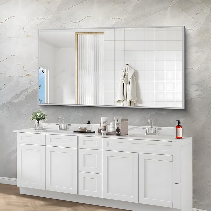 30x55In Silver Bathroom Mirror for Wall, Brushed Nickel Rectangle Mirrors - Image 7