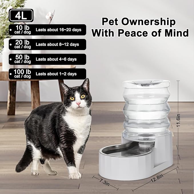 RIZZARI Gravity Water Bowl Dispenser: 4L White Stainless Steel Water Feeder - Image 2