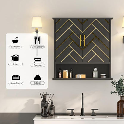 Black Chevron Pattern Bathroom Wall Cabinet, Modern Hanging Medicine Cabinet - Image 4