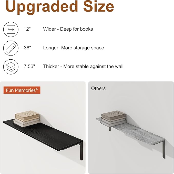 36 Inch Black Floating Shelves Wall Mounted, 12 Inch Deep Wall Shelves - Image 5