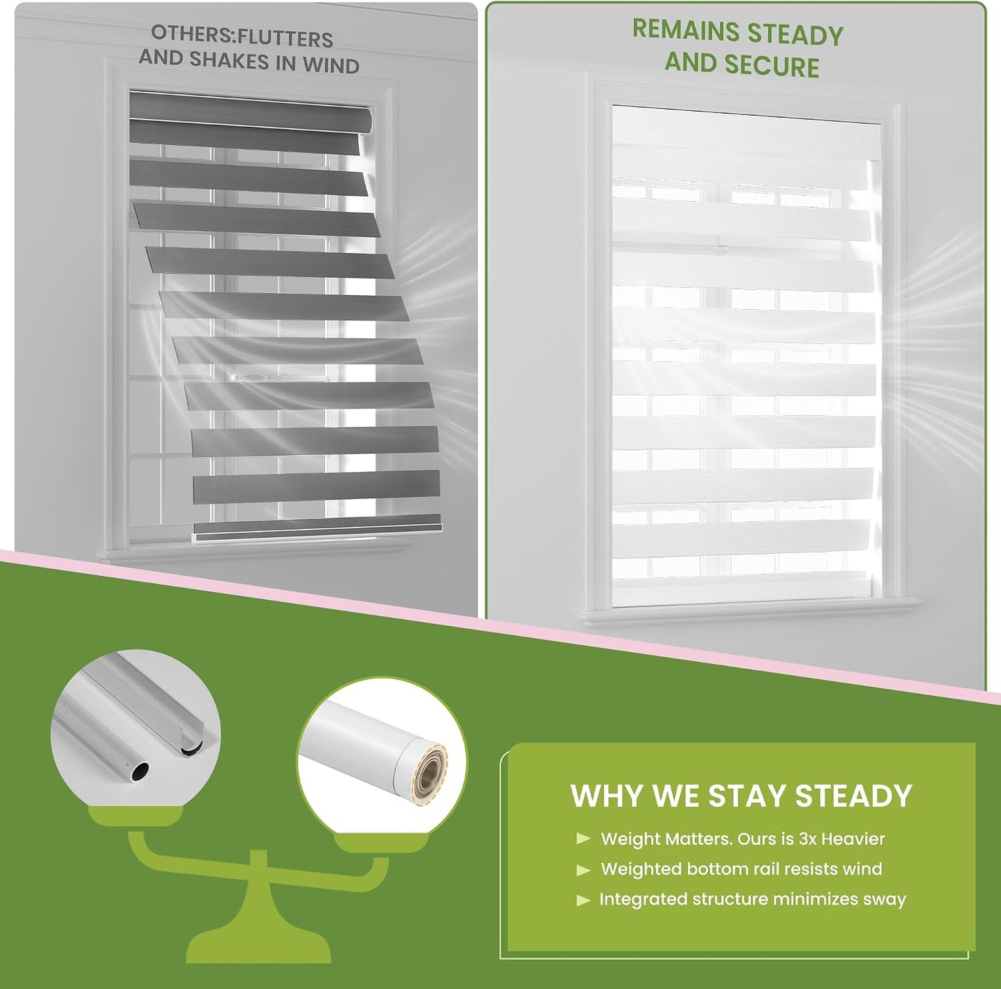 Cordless Zebra Blinds for Windows, Pure White, 58" W x 72" H | Dual Layer Light Control for Day and Night,Light Filtering & Blackout Window Blinds,Easy to Install Zebra Blind for Home