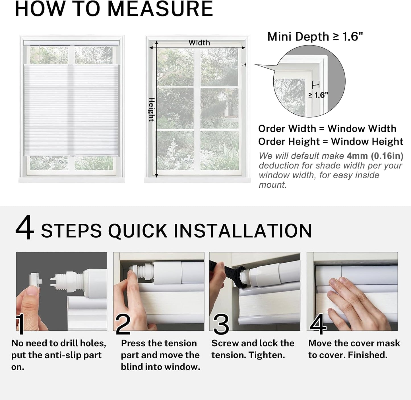 MiLin No Tools Top Down Bottom Up Cellular Shades Cordless No Drill Blinds for Windows Shades for Home Indoor Blinds and Shades - Light Filtering White 34 1/2" W x 64" H