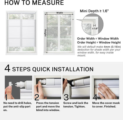 MiLin No Tools Top Down Bottom Up Cellular Shades Cordless No Drill Blinds for Windows Shades for Home Indoor Blinds and Shades - Light Filtering White 34 1/2" W x 64" H