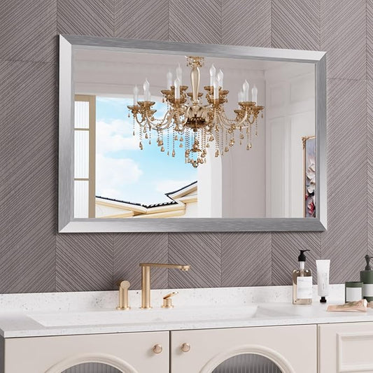 Amorho 48x32 Inch Bathroom Mirror Silver, Thick Metal Framed Wall Mirrors by Amorho