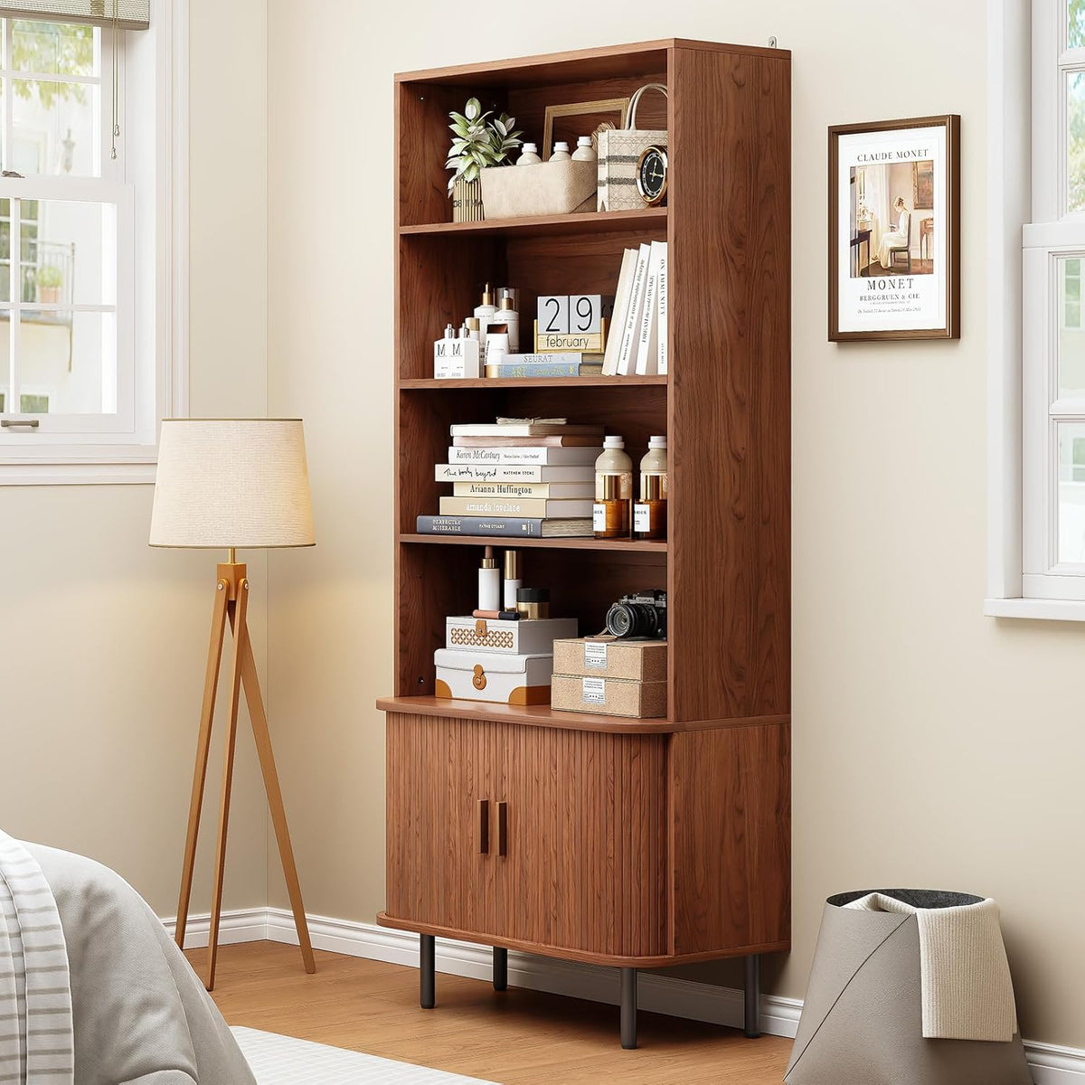 ONBRILL 71" T Bookshelf with Sliding Door, 31.5" W Bookcase Storage...