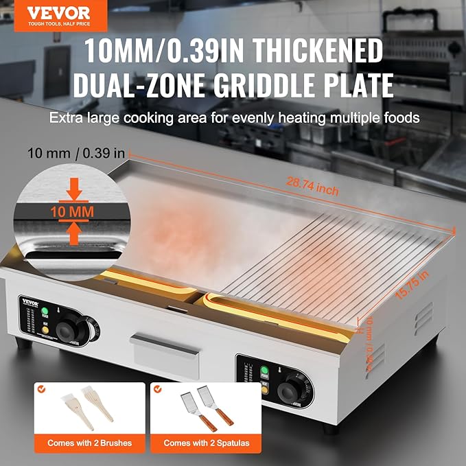 VEVOR Upgraded Commercial Electric Griddle, 2800W Countertop Half-Flat Top Grill - Image 2