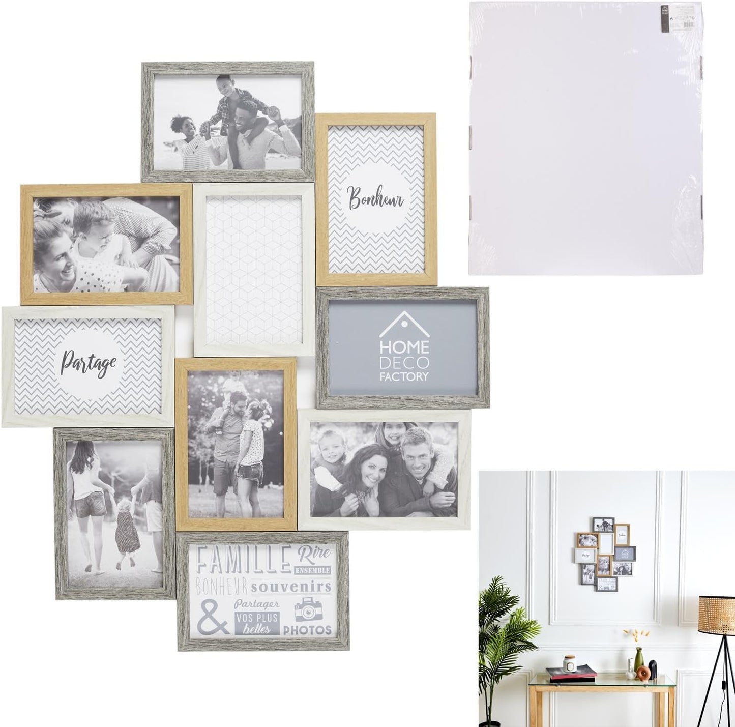 HOME DECO FACTORY - HD4213 – Multi-Photo Frame for 10 Photos Wood and White Souvenir Decoration – Beige Brown