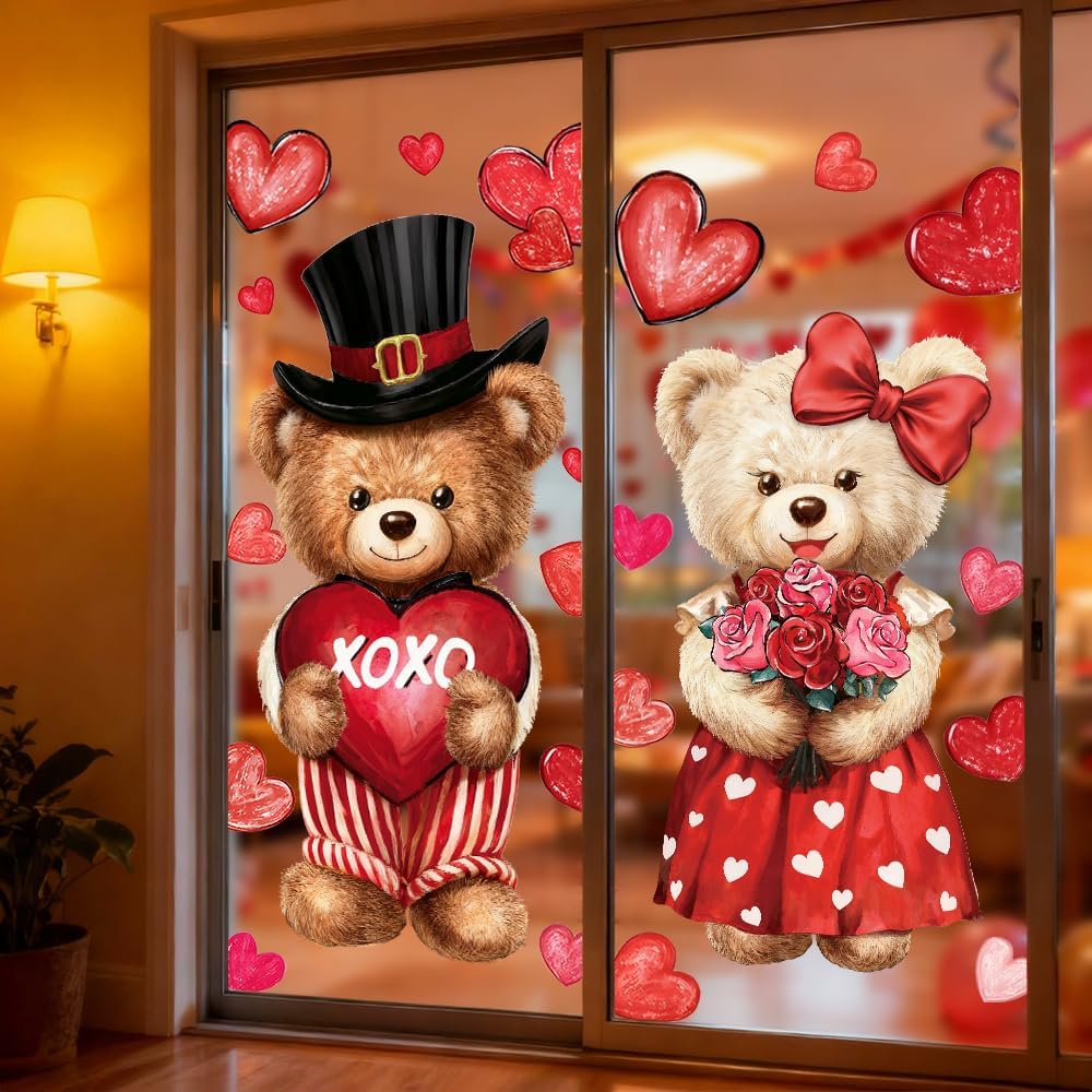 Celltestria Extra Large Valentines Window Clings Love Heart Valentines Bear Window Decals Stickers for Holiday Home Office School Party Gifts Decor Glass Decoration