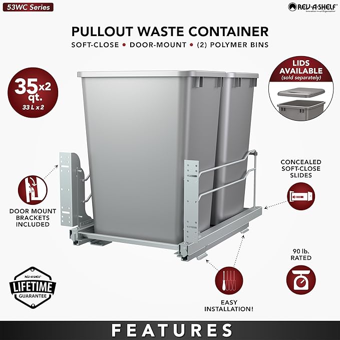 Rev-A-Shelf Double Pullout for Under Kitchen Cabinets 35 Quart 8.75 Gallon - Image 3
