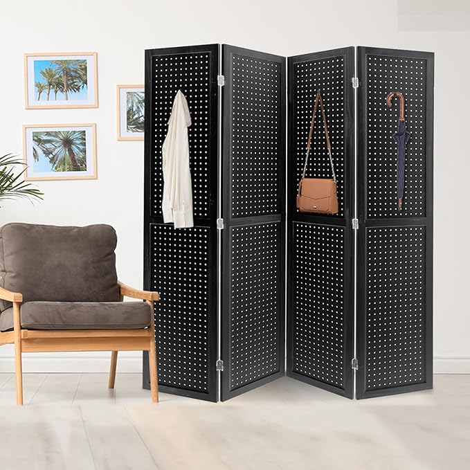 ECOMEX 4 Panel Room Divider, 5.6Ft Pegboard Display Wooden Room Divider Folding - Image 9