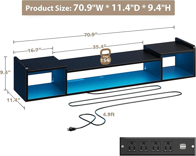 70.9"W Floating TV Stand with LED Lights & Power Outlets - Image 9