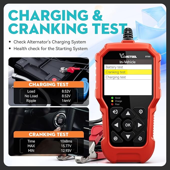 Car Battery Tester 6V 12V 24V VDIAGTOOL BT500, 5-3000 CCA Battery Load Tester - Image 5