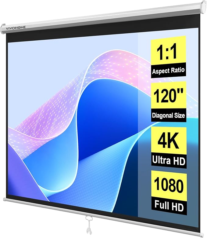 VIVOHOME 120 Inch 1:1 Pull Down Projector Screen, HD 4K Retractable Movie Screen by VIVOHOME
