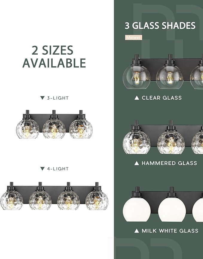 METWET Bathroom Light Fixtures Over Mirror, 3-Light Matte Black Vanity Light - Image 8