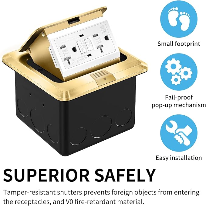 Vagueior Pop-Up Floor Box Kit, 20A Tamper-Weather Resistant Receptacle GFCI - Image 4