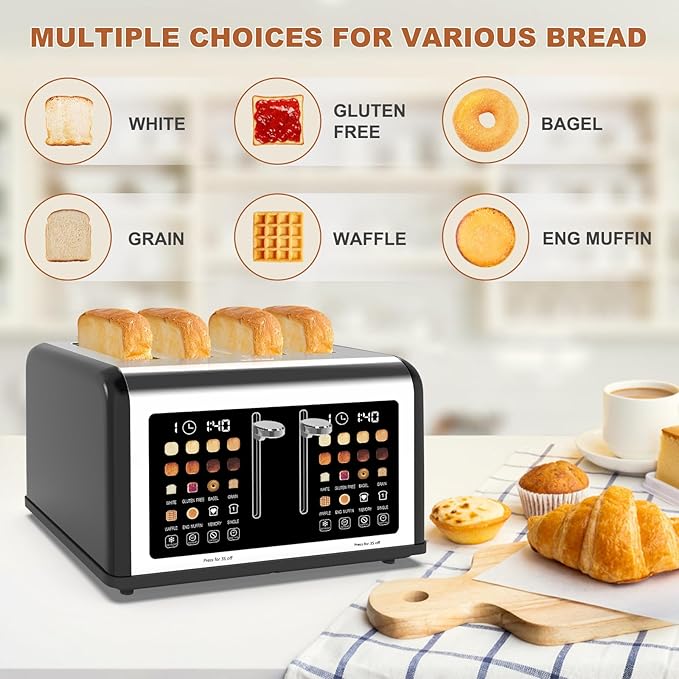 4 Slice Toaster Touch Screen, Stainless Steel Toasters Digital Timer, Dual - Image 2