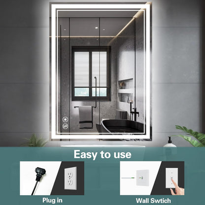 28 x 36'' LED Mirror for Bathroom Anti-Fog Bathroom Mirror Dimmable 3 Colors Touch Sensor Bathroom Mirror with Lights Smart Vanity Mirror Switch/Plug in Wall Mounted Horizontal/Vertical