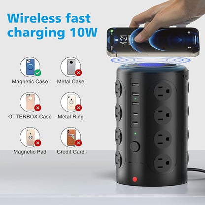 Tower Power Strip with 15W Wireless Charger, 20FT Extension Cord, 16 AC Outlets - Image 2