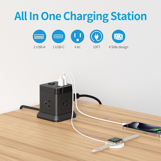 Power Strip with USB C, FDTEK Flat Plug Extension Cord with 4 Outlets and 3 USB - Image 2
