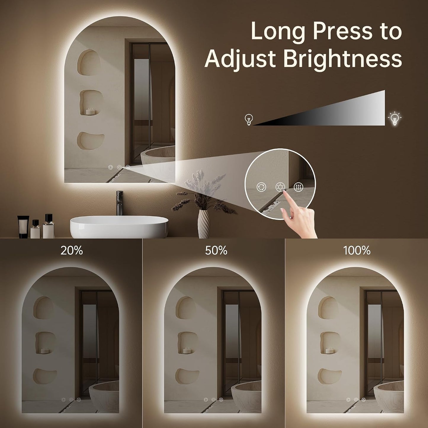 24"x36" Arched LED Lighted Bathroom Mirror with Lights | Fogless, Dimmable, 3 Color Changing, Shatterproof, Touch Sensor
