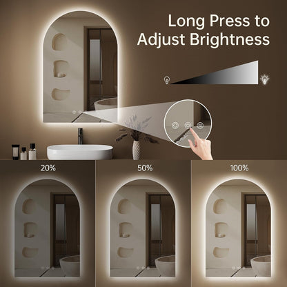 24"x36" Arched LED Lighted Bathroom Mirror with Lights | Fogless, Dimmable, 3 Color Changing, Shatterproof, Touch Sensor