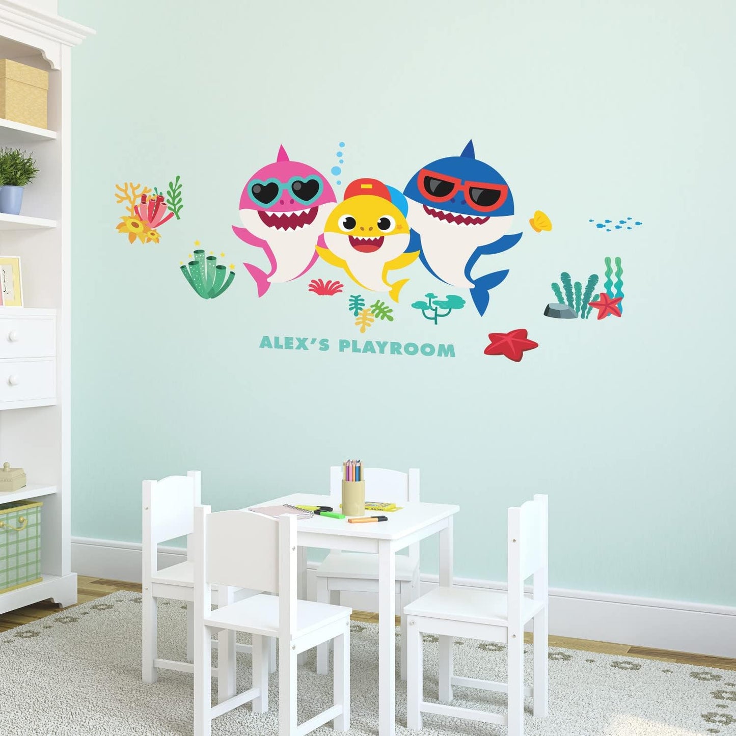 RoomMates Baby Shark Peel and Stick Giant Wall Decals with Alphabet, Removable Repositionable Personalized Wall Stickers for Kids