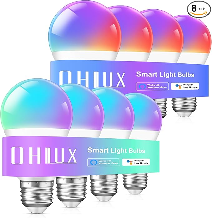 OHLUX Smart Light Bulbs 8Pack, WiFi & Bluetooth, RGB Color Changing, 100W by OHLUX-YourIndoorOutdoorSpaceLightingPartner