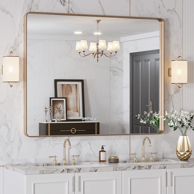 LOAAO 40"X32" Gold Bathroom Mirror, Rounded Rectangle Gold Frame Mirror - Image 4