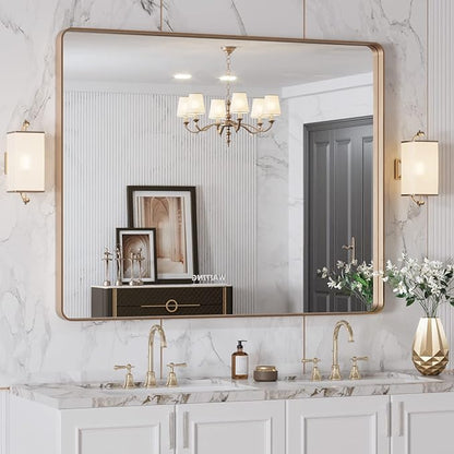 LOAAO 40"X32" Gold Bathroom Mirror, Rounded Rectangle Gold Frame Mirror - Image 4