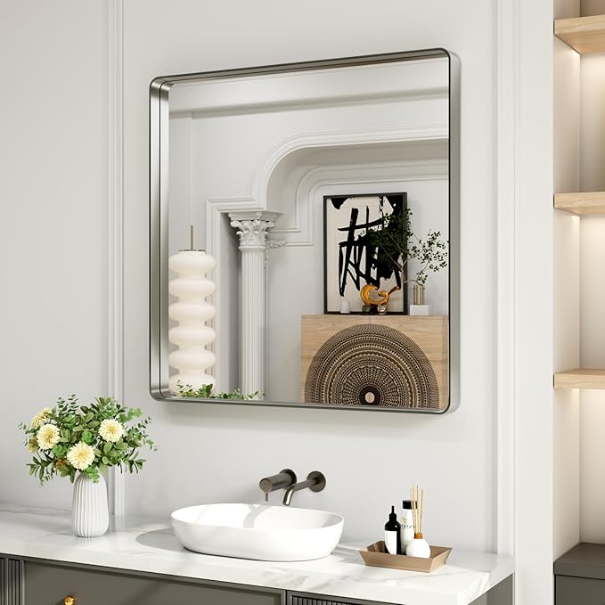 LOAAO 36X36 Inch Brushed Nickel Bathroom Mirror, Rounded Rectangle Silver Metal by LOAAO