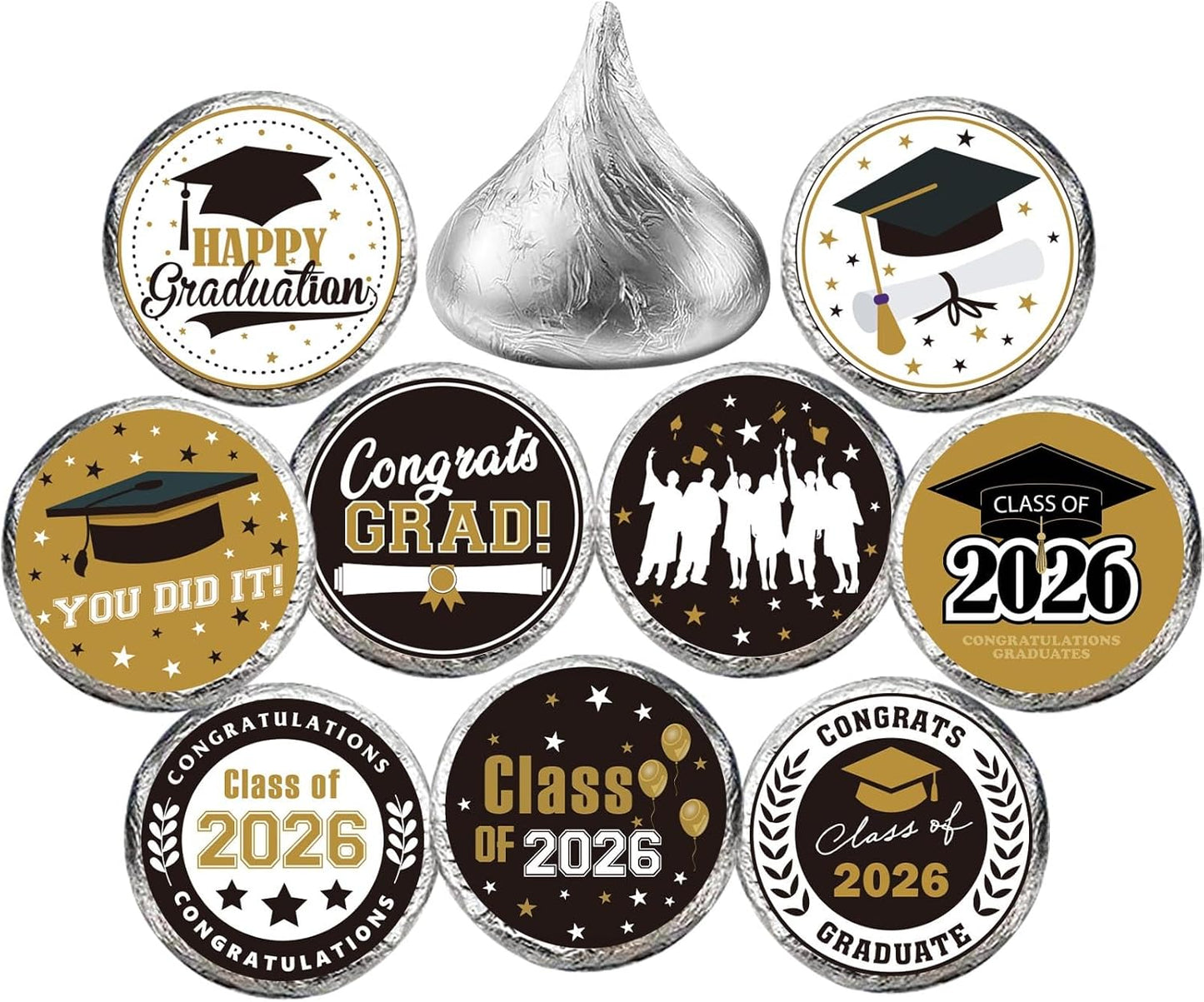 180 PCS Graduation Stickers Class of 2026 Candy Drops Labels Stickers for Chocolate Kisses Candy Sticker for 2026 Graduation Party Favors,Black and Gold