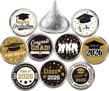 180 PCS Graduation Stickers Class of 2026 Candy Drops Labels Stickers for Chocolate Kisses Candy Sticker for 2026 Graduation Party Favors,Black and Gold