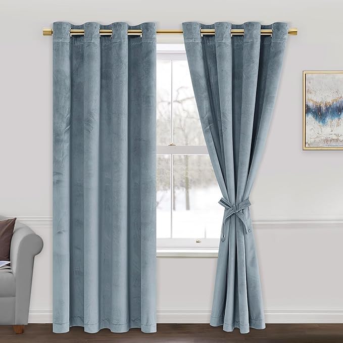 JIUZHEN Stone Blue Velvet Curtains 72 inches Blackout Curtains by JIUZHEN