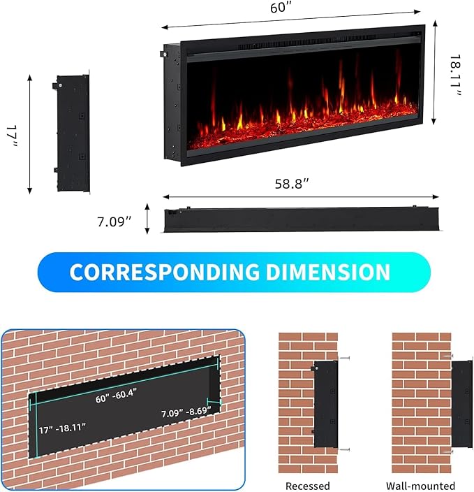 60" Electric Fireplace Wall Mounted & Recessed - Image 2