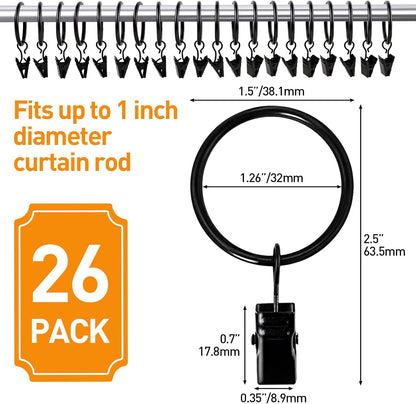 Ninsula 26 PCS Curtain Rings with Clips, Curtain Hooks for Drapes, Curtain Clips with Rings 1.26” Interior Diameter, Black Curtain Rings Fit up to 1 inch Curtain Rod