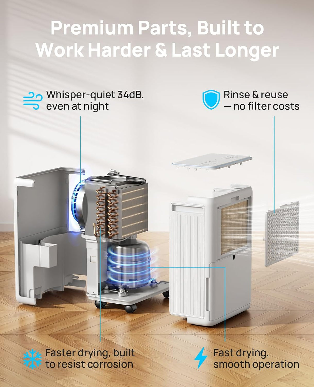 26-pint dehumidifier, dehumidifier for basement with drain hose, close-up detail