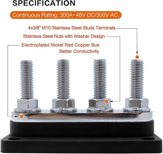AMOMD 300A Bus Bars 4 Terminal Studs M10 Nickel Plated Copper Distribution - Image 2