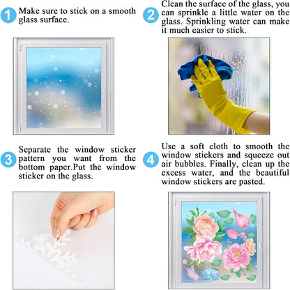 Whaline 9 Sheets Spring Summer Window Clings Pink Flower Window Clings Watercolor Hummingbirds Garden Floral Leaf Windows Decal Double-Sided Windows Decor for Home Office School Decor Party Supplies