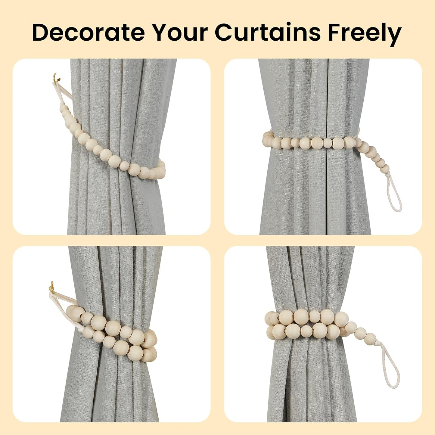 KLOGTSIND Wood Bead Curtain Tiebacks, 2 Pack Curtain Tie Backs with Hooks | Curtain Holdbacks for Thin or Thick Window Draperies, Boho Curtain Holders for Home Office Room Decor