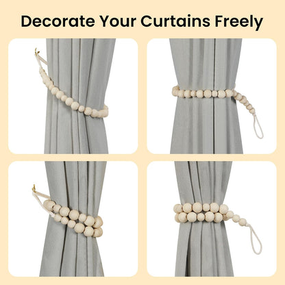 KLOGTSIND Wood Bead Curtain Tiebacks, 2 Pack Curtain Tie Backs with Hooks | Curtain Holdbacks for Thin or Thick Window Draperies, Boho Curtain Holders for Home Office Room Decor